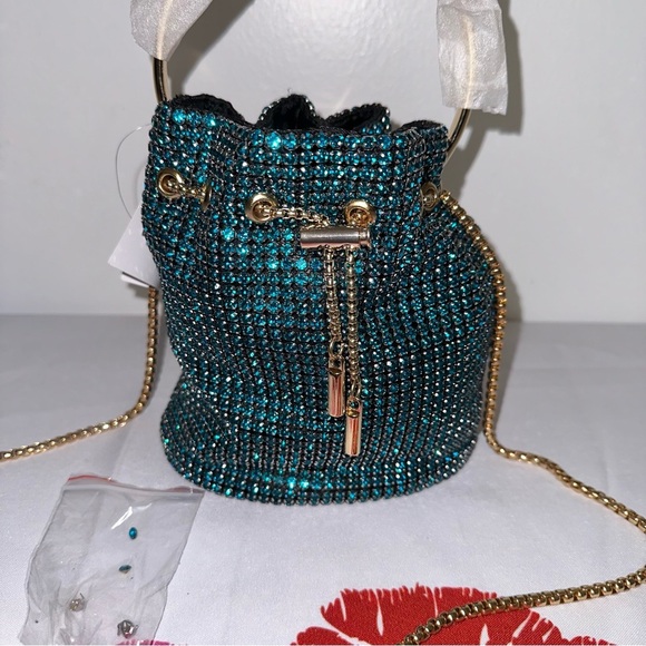 Peacock Blue Rhinestone Swing Handle Iconic Bucket Bag - Picture 10 of 10